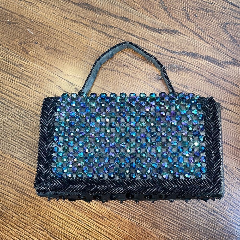 Vtg 60s black‎ & purple beaded small evening bag
